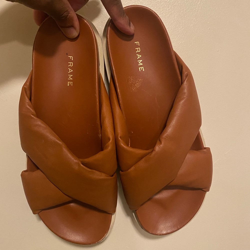 Brown Frame Le Playa Leather Platform Slides
